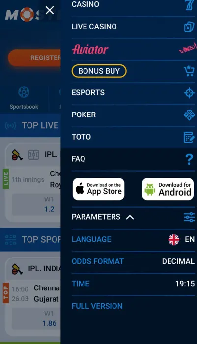 Mostbet тиркемесинин менюсу
