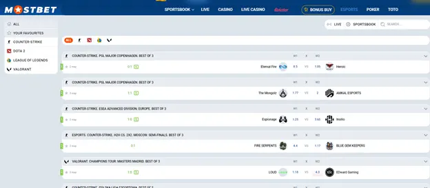 Mostbet киберспорттук оюндардын кеңири линиясы